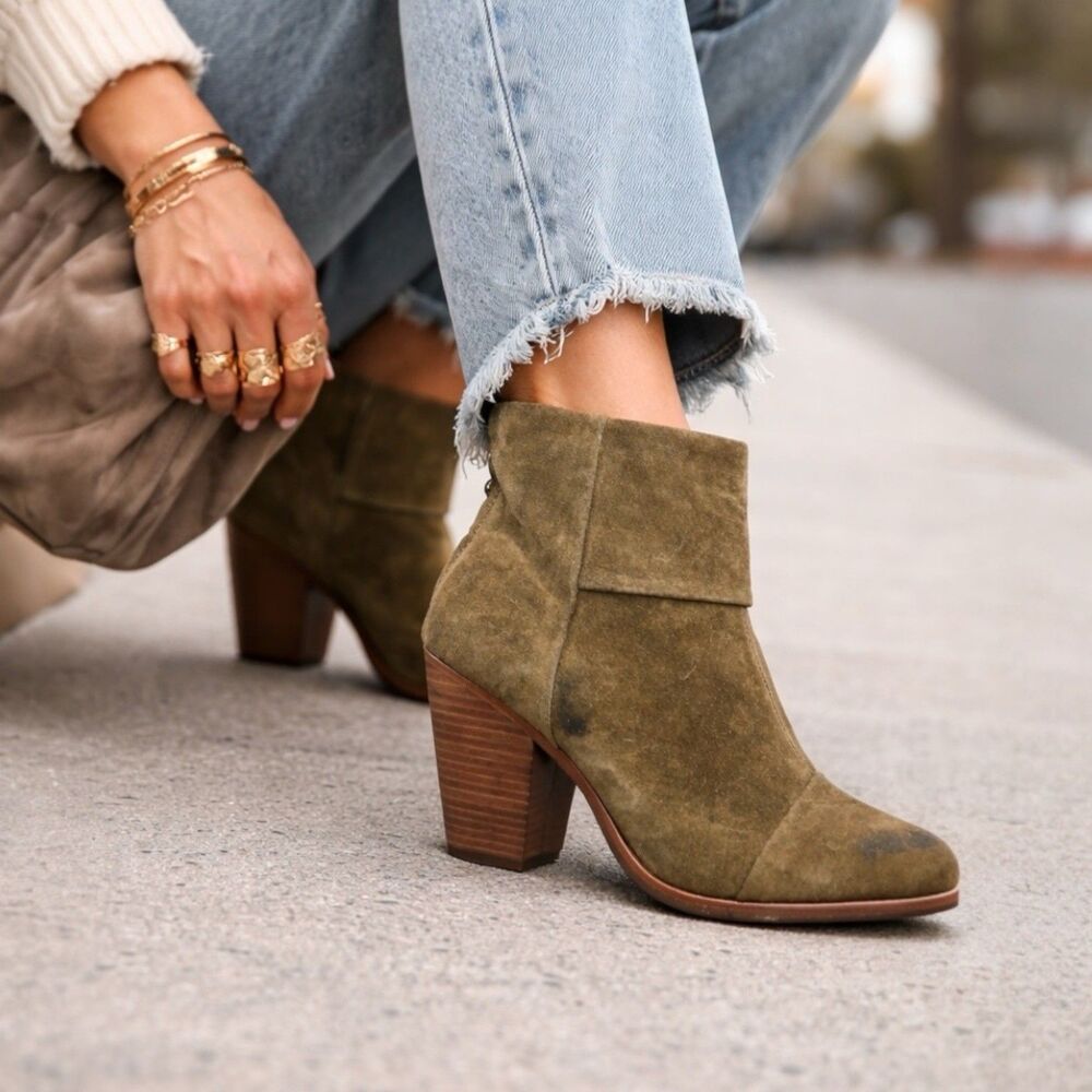 Rag & Bone Olive Green Suede Stacked Heel Booties Newbury